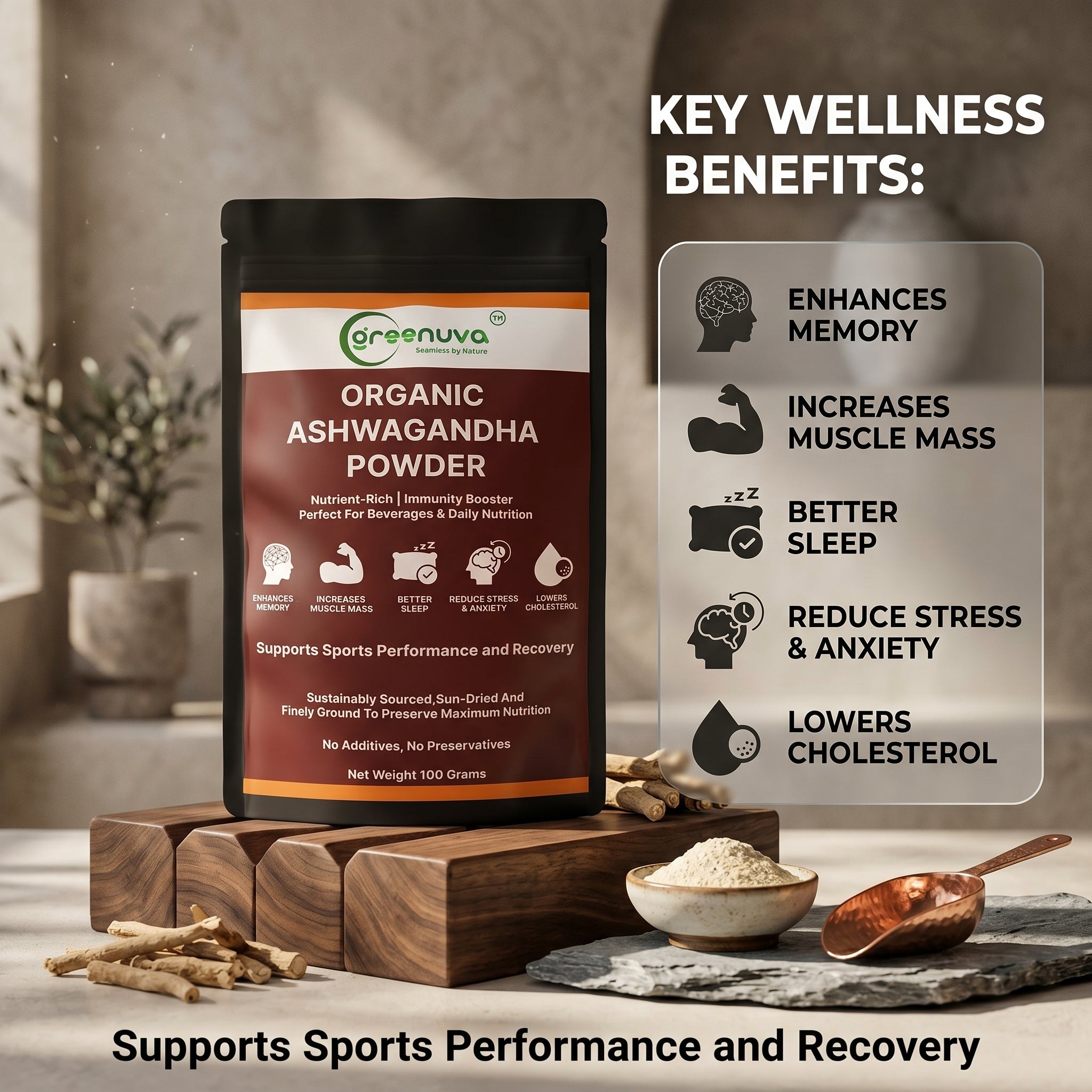 Greenuva Ashwagandha Powder is a powerful Ayurvedic superfood