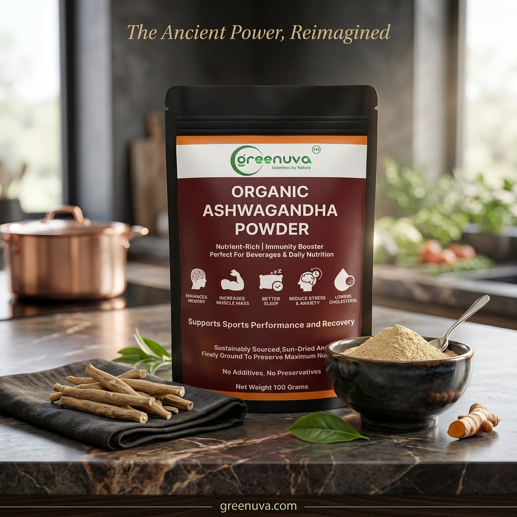 Greenuva Ashwagandha Powder is a powerful Ayurvedic superfood
